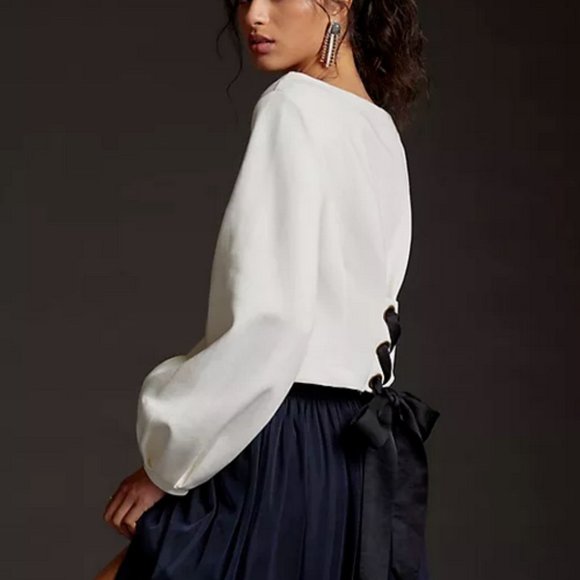 Anthropologie Ivory Party Blouse with Black Tie-Back Ribbon and Puff Sleeves - Picture 5 of 6